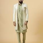 Alluring Cream Geometrical Thread Embroidered Open Sherwani with Lime Green Kurta-Pajama Set | Father Son Combo | Jaipurio Collection